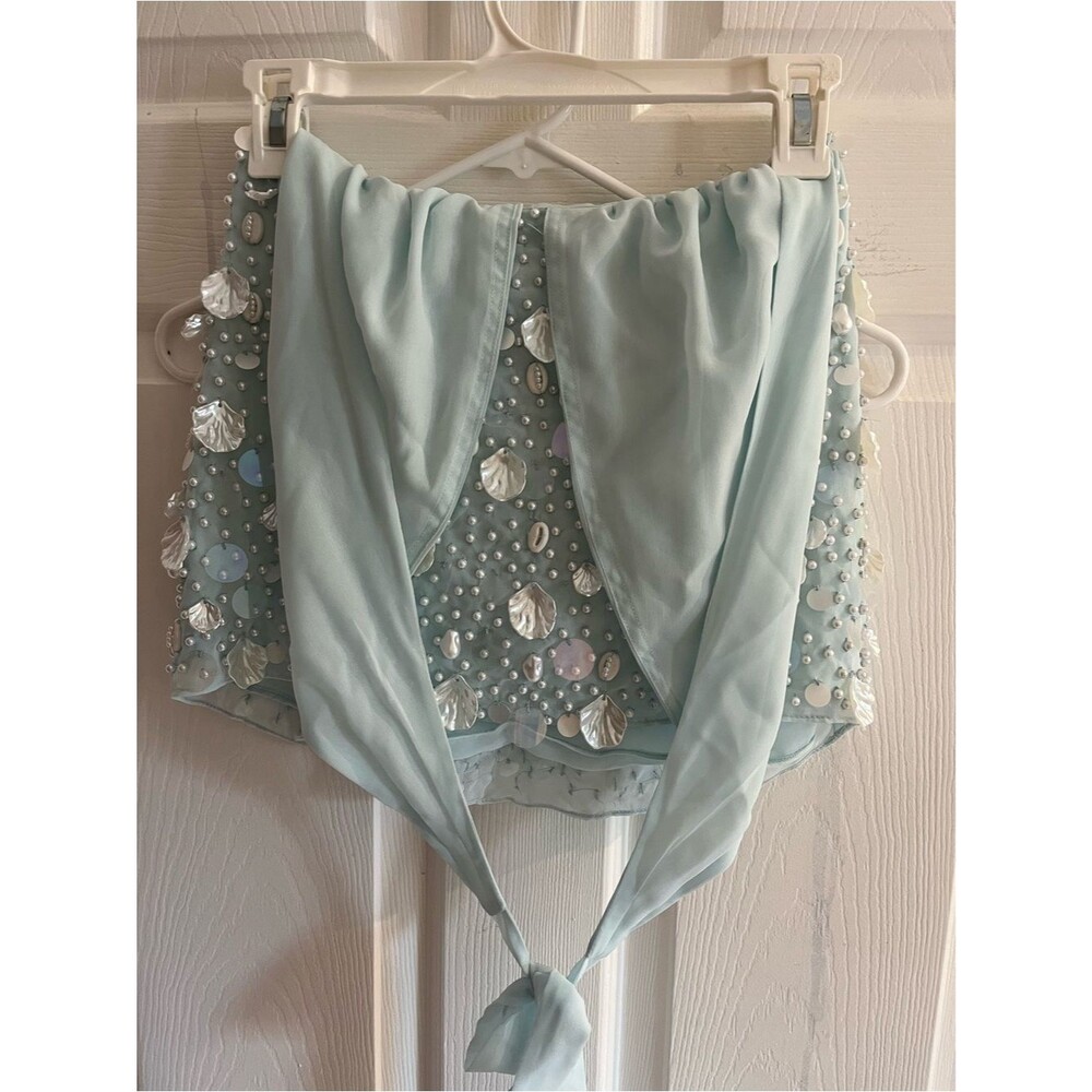 NEW Oh Polly Mini Dress Light Blue Sela Beaded Seashell Halter Low Rise size 0 - Picture 3 of 7